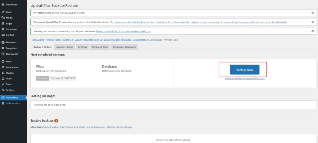 UpdraftPlus Backup Now